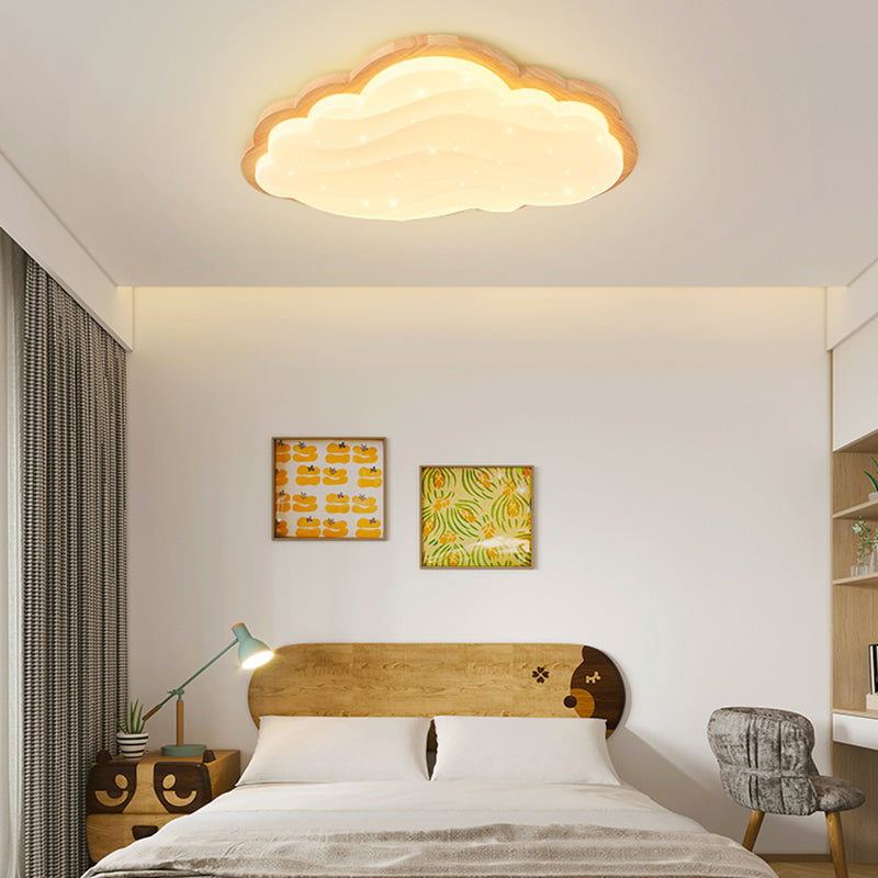 LED Modern Wood Flush Mount Cloud Shape Ceiling Light with Plastic Shade for Living Room