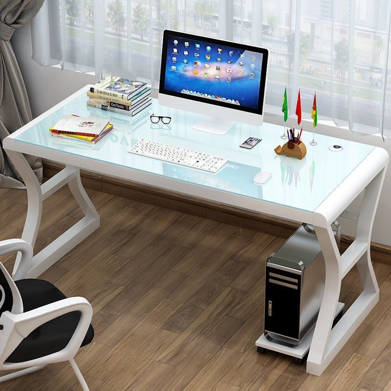 Toughened Glass Computer Desk Rectangular Shape Task Desk with 2-Legs for Home