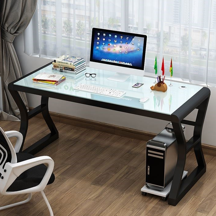 Toughened Glass Computer Desk Rectangular Shape Task Desk with 2-Legs for Home