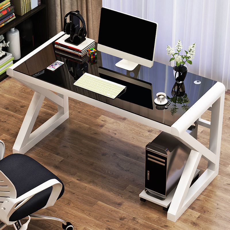 Glass Top Computer Desk Antique Finish Office Desk with Metal Legs