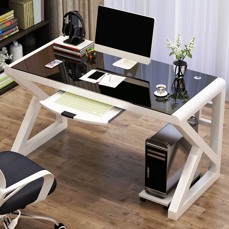 Glass Top Computer Desk Antique Finish Office Desk with Metal Legs