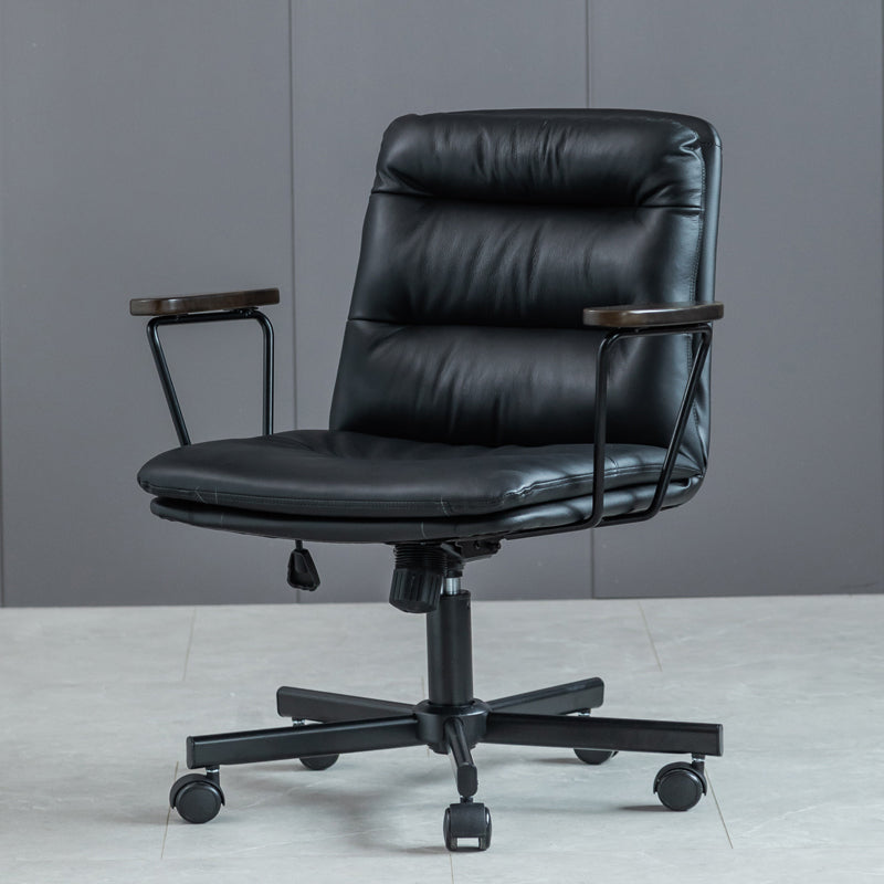 Fixed Arms Office Chair Leather No Distressing Ergonomic Desk Chair with Wheels