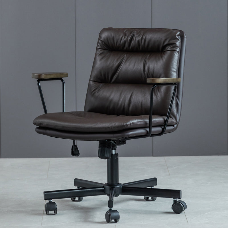 Fixed Arms Office Chair Leather No Distressing Ergonomic Desk Chair with Wheels