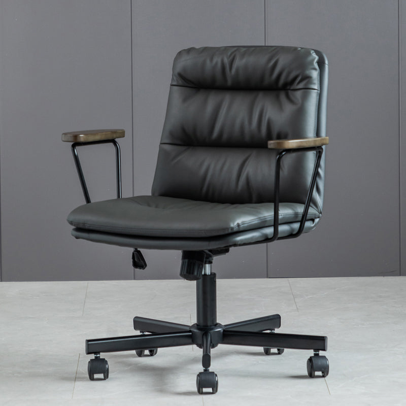 Fixed Arms Office Chair Leather No Distressing Ergonomic Desk Chair with Wheels