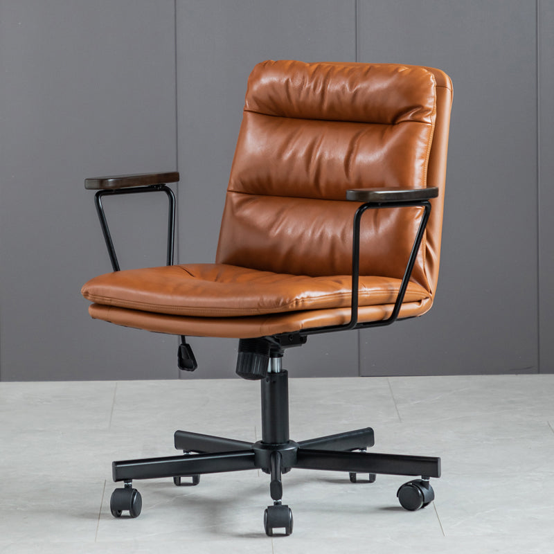 Fixed Arms Office Chair Leather No Distressing Ergonomic Desk Chair with Wheels