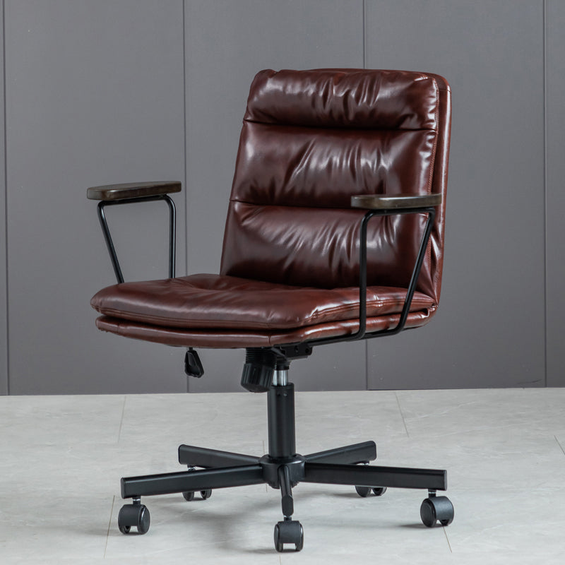 Fixed Arms Office Chair Leather No Distressing Ergonomic Desk Chair with Wheels