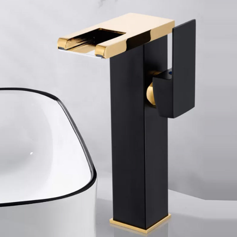 Contemporary Square Vessel Faucet Waterfall Spout with LED Three-Color Light