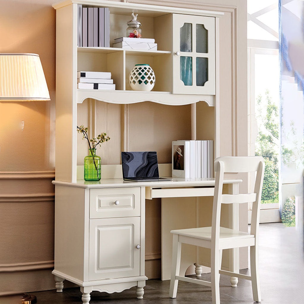 Contemporary White Solid Wood Writing Desk with Kids Hutch and Bookshelf