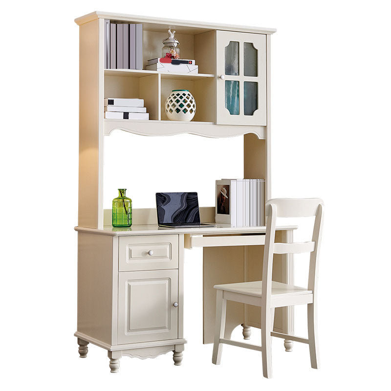 Contemporary White Solid Wood Writing Desk with Kids Hutch and Bookshelf