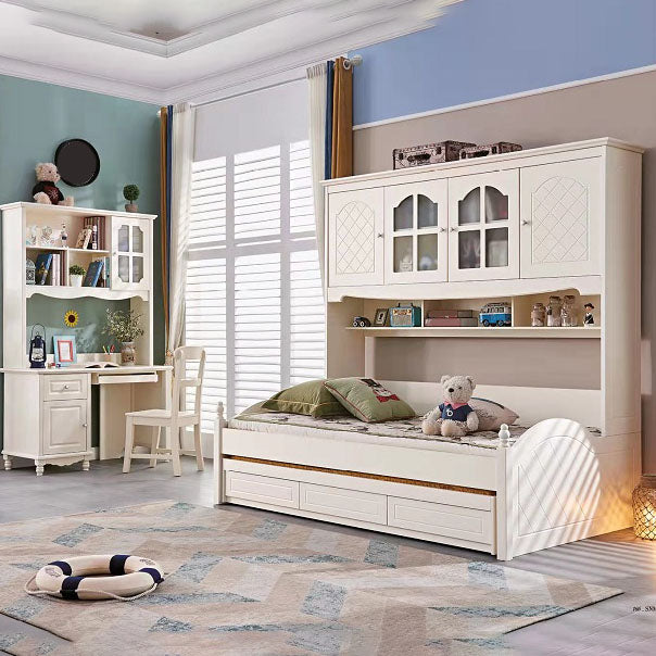 Contemporary White Solid Wood Writing Desk with Kids Hutch and Bookshelf