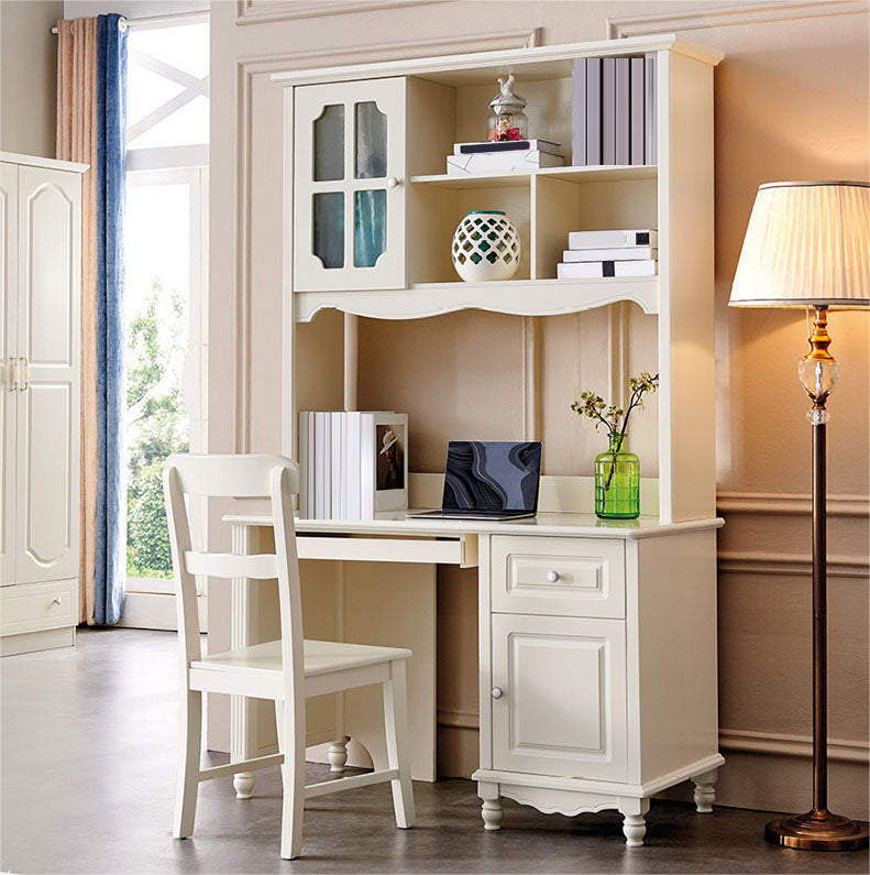 Contemporary White Solid Wood Writing Desk with Kids Hutch and Bookshelf