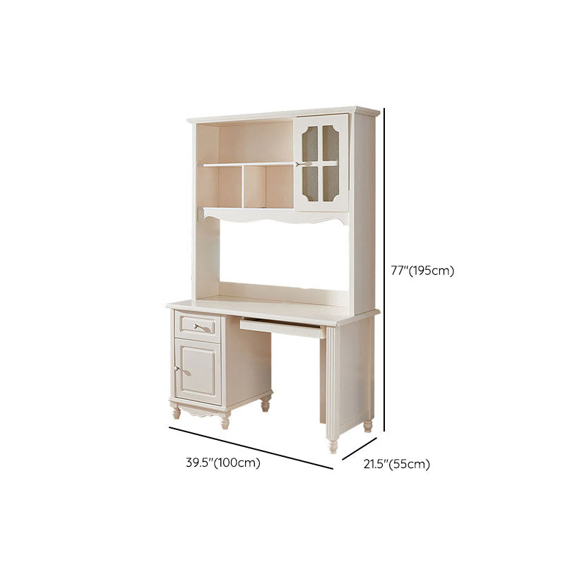 Contemporary White Solid Wood Writing Desk with Kids Hutch and Bookshelf