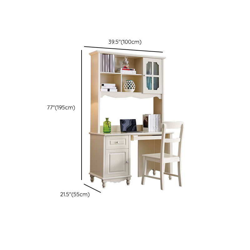 Contemporary White Solid Wood Writing Desk with Kids Hutch and Bookshelf