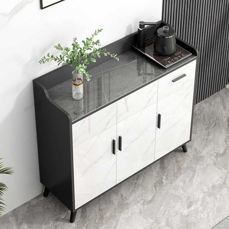 Glossy Gray Stone Top Sideboard Glam Indoor Buffet with Cabinets