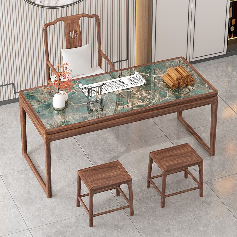 Modern Rectangular Shaped Office Table Stone Writing Desk in Gold/Green