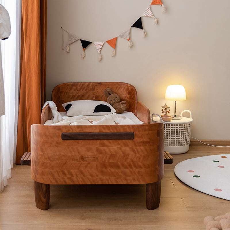 Scandinavian Bed with  Brown Solid Wood Panel Bed with Guardrail