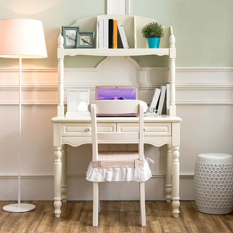 White Solid Wood Writing Desk with Storage Shelves and Storage Drawer