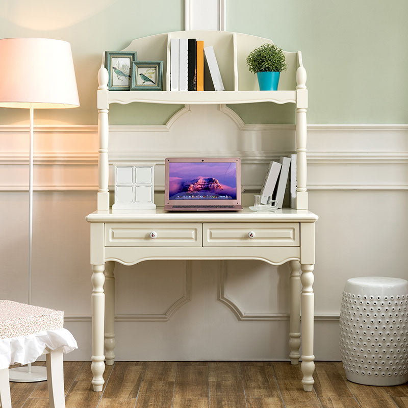 White Solid Wood Writing Desk with Storage Shelves and Storage Drawer