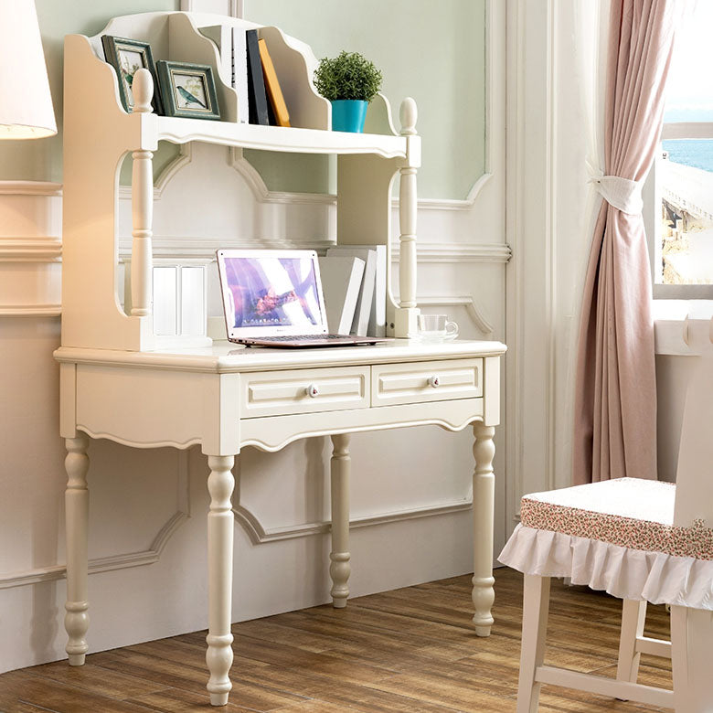 White Solid Wood Writing Desk with Storage Shelves and Storage Drawer