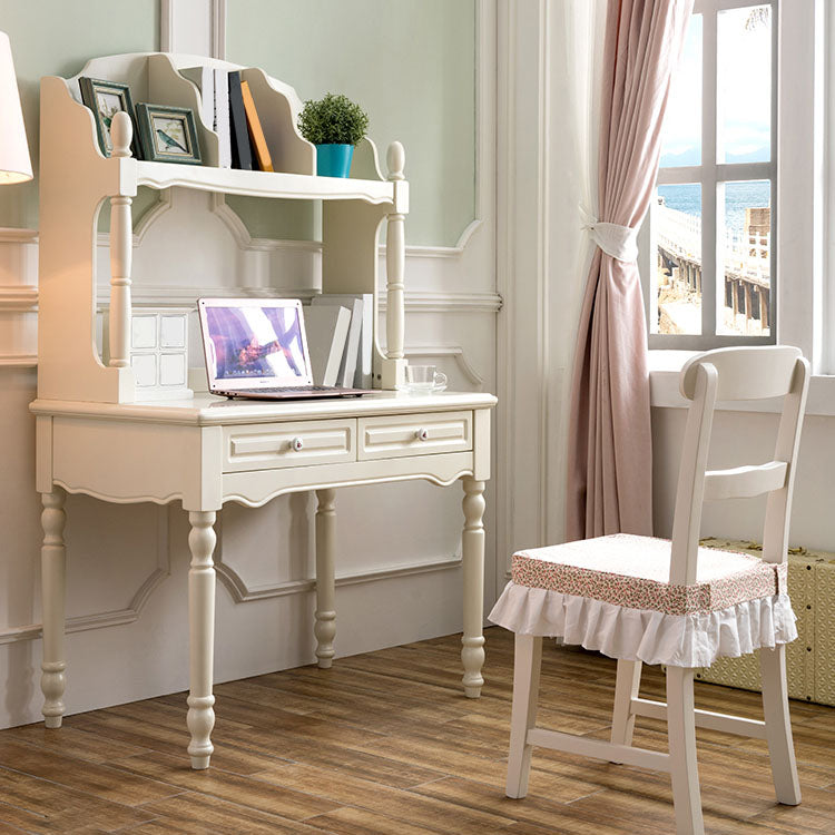 White Solid Wood Writing Desk with Storage Shelves and Storage Drawer