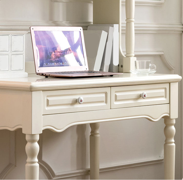 White Solid Wood Writing Desk with Storage Shelves and Storage Drawer