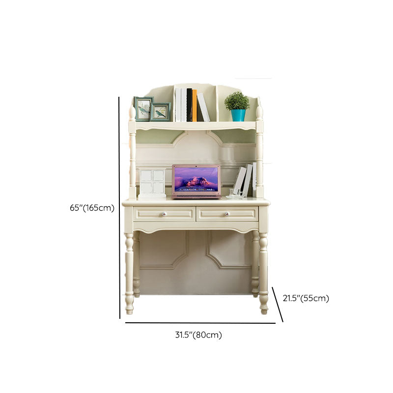 White Solid Wood Writing Desk with Storage Shelves and Storage Drawer