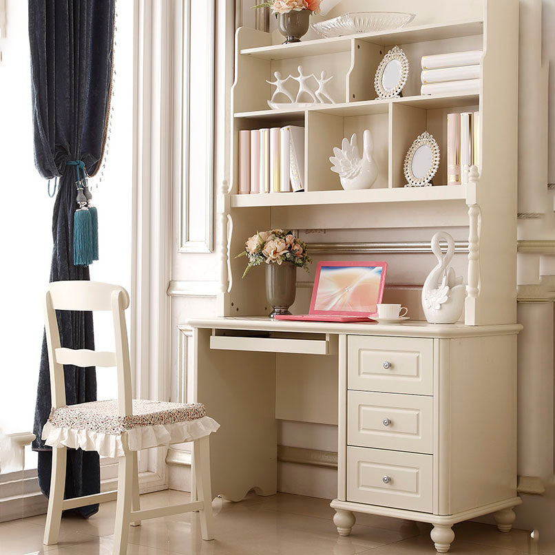 White Writing Desk with 3 Storage Drawer and Bookshelf in Solid Wood