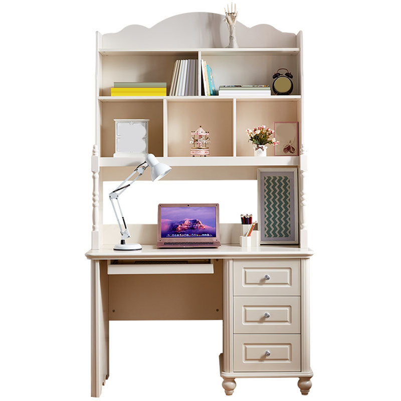 White Writing Desk with 3 Storage Drawer and Bookshelf in Solid Wood