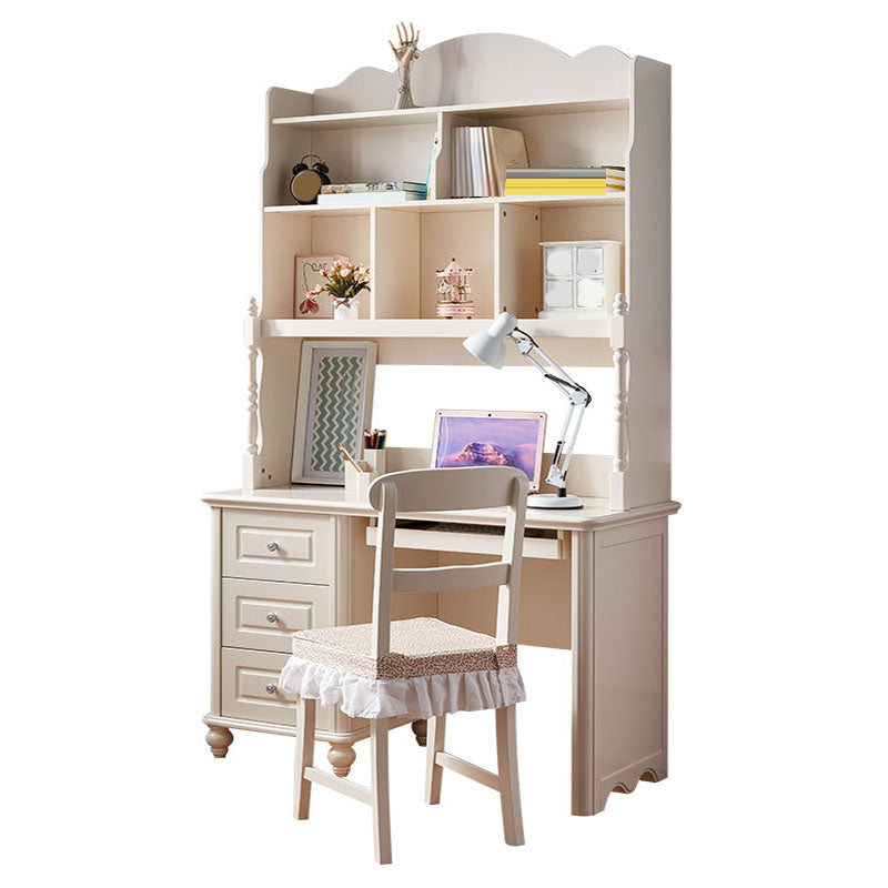 White Writing Desk with 3 Storage Drawer and Bookshelf in Solid Wood