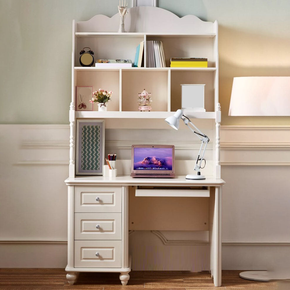 White Writing Desk with 3 Storage Drawer and Bookshelf in Solid Wood