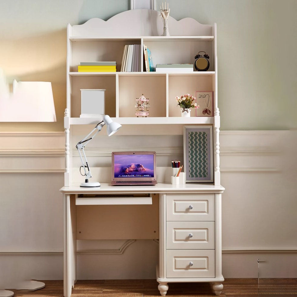 White Writing Desk with 3 Storage Drawer and Bookshelf in Solid Wood