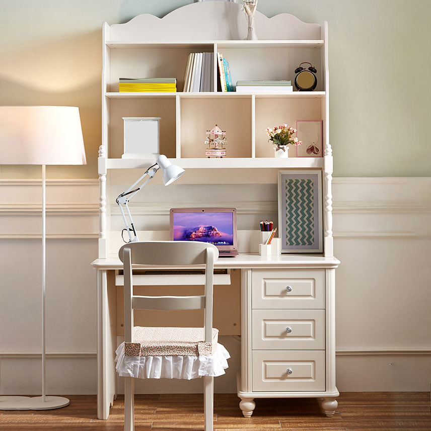 White Writing Desk with 3 Storage Drawer and Bookshelf in Solid Wood