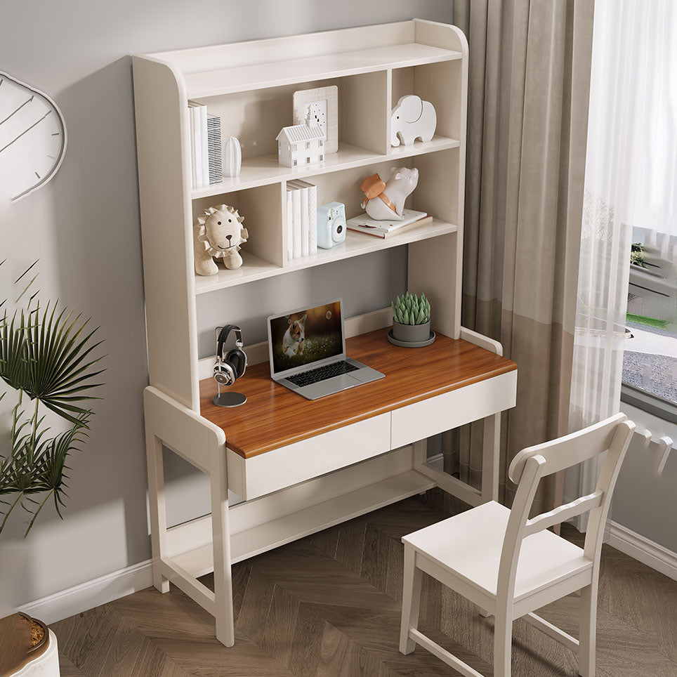 Modenr White Writing Desk with 2 Storage Drawers and Shelves