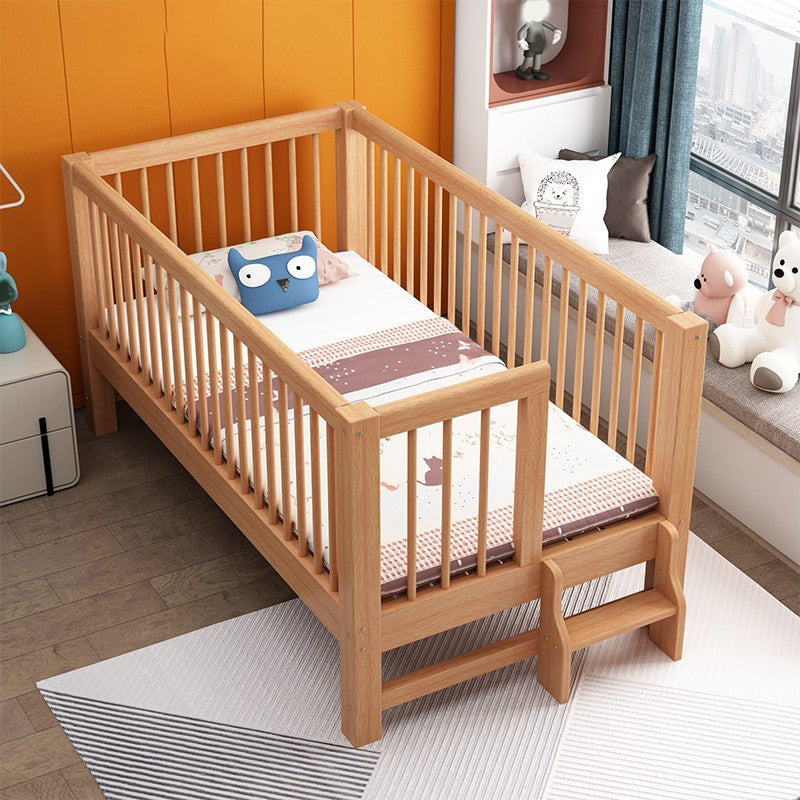 Scandinavian Wood Baby Crib with Guardrail and Mattress, Light Wood Crib