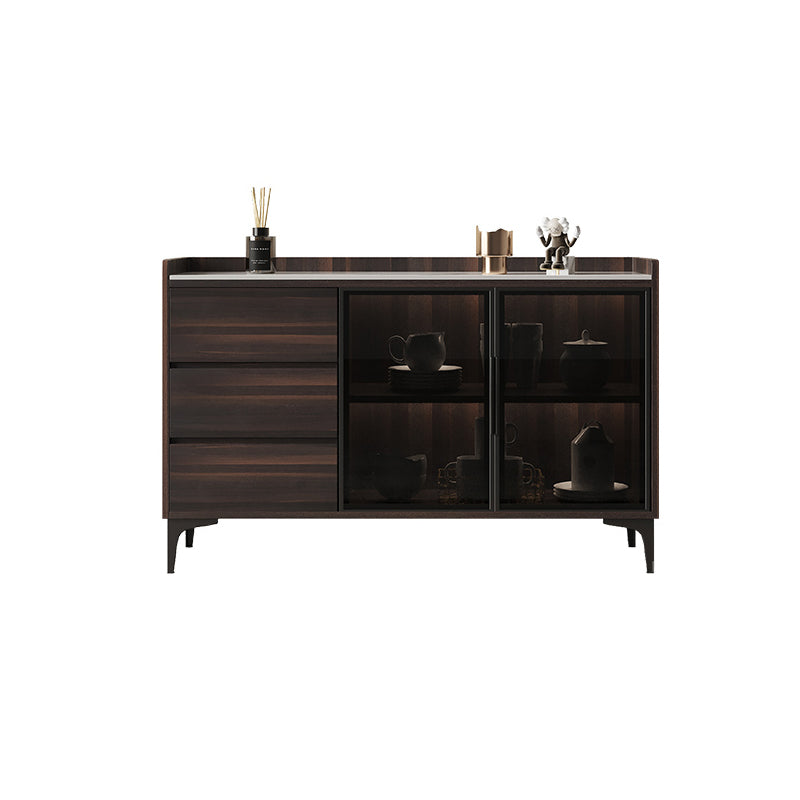 Modern Wooden Sideboard Cabinet Glass Doors Dining Server with 3 Drawers