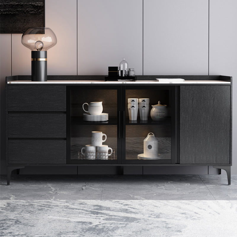 Modern Wooden Sideboard Cabinet Glass Doors Dining Server with 3 Drawers