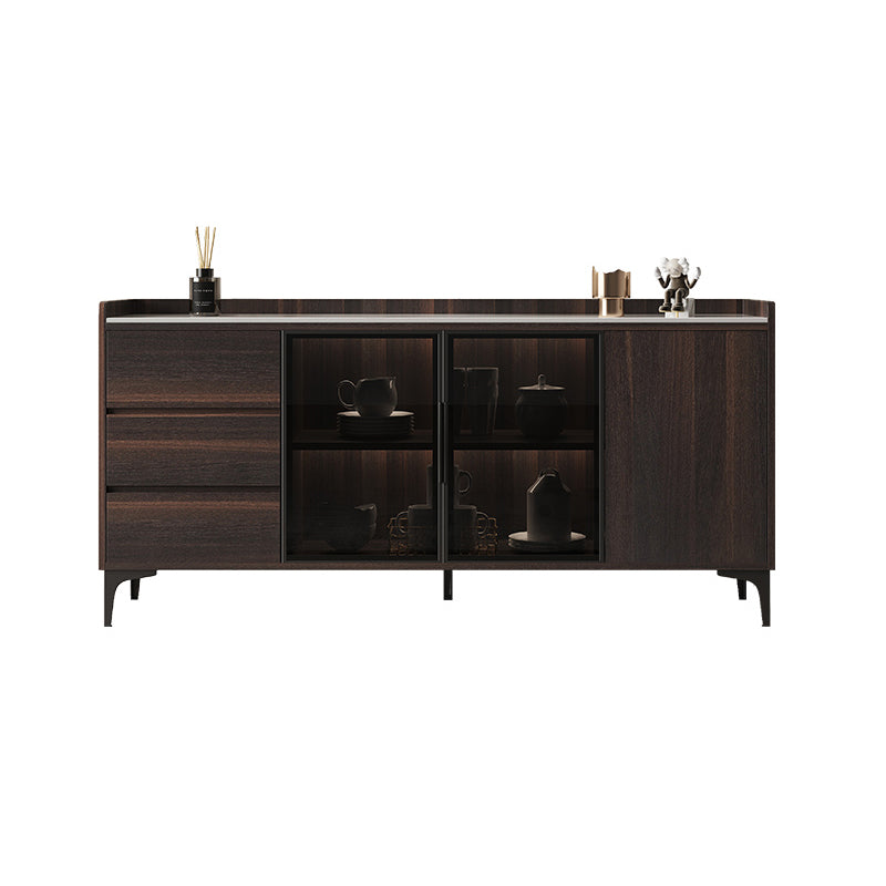 Modern Wooden Sideboard Cabinet Glass Doors Dining Server with 3 Drawers