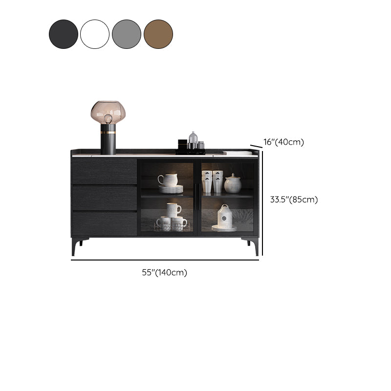 Modern Wooden Sideboard Cabinet Glass Doors Dining Server with 3 Drawers