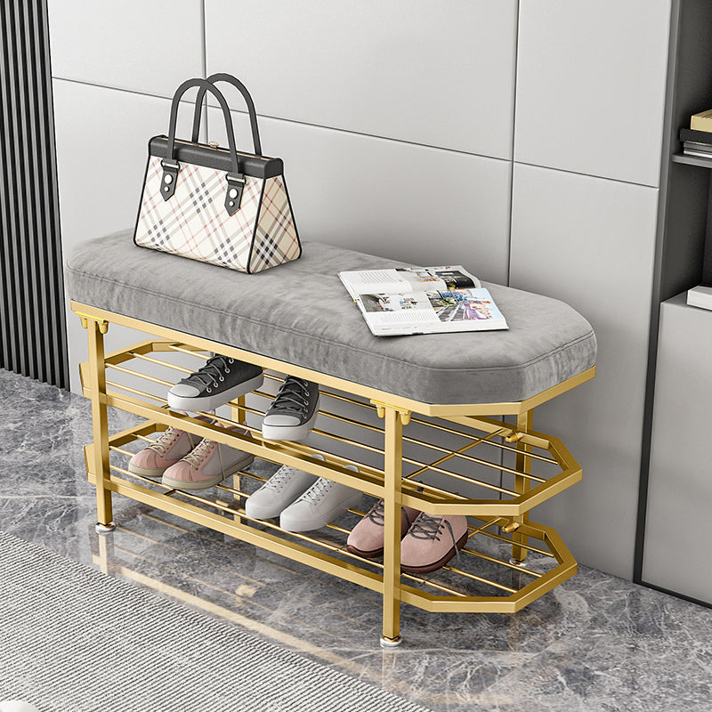 Glam Entryway Bench Cushioned Metal Seating Bench with Shoe Storage