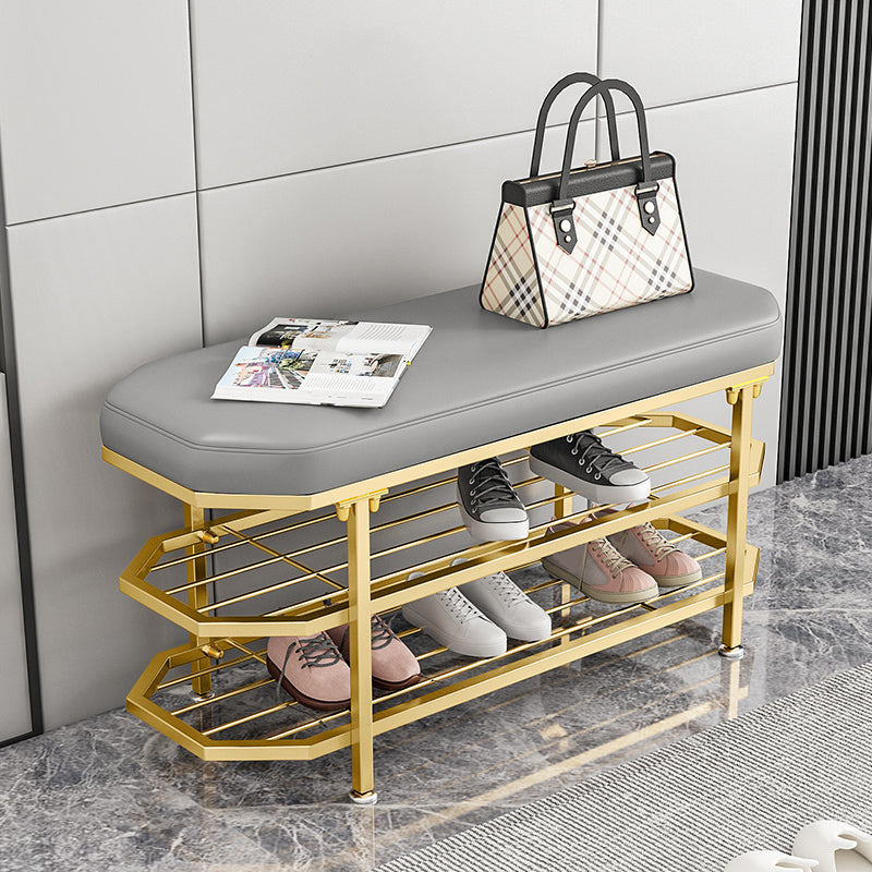 Glam Entryway Bench Cushioned Metal Seating Bench with Shoe Storage