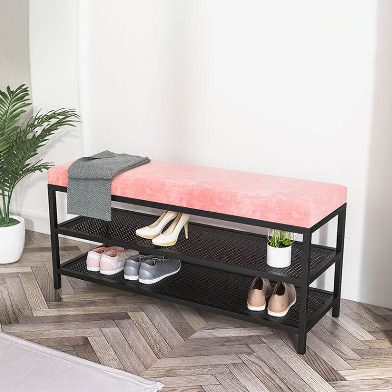 Glam Entryway Bench Cushioned Metal Seating Bench with Shoe Storage