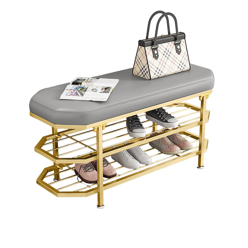 Glam Entryway Bench Cushioned Metal Seating Bench with Shoe Storage