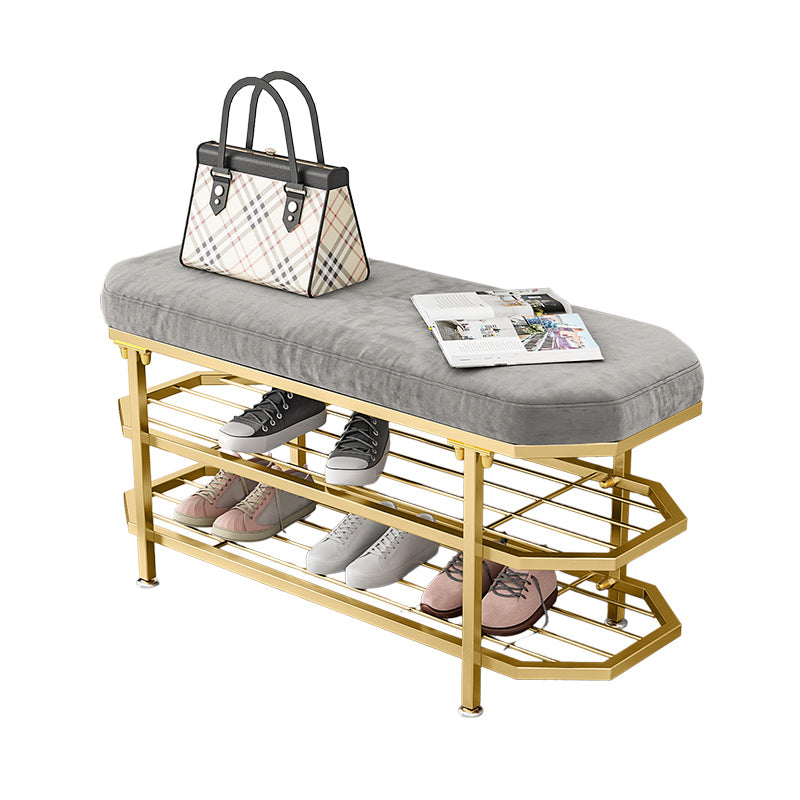 Glam Entryway Bench Cushioned Metal Seating Bench with Shoe Storage