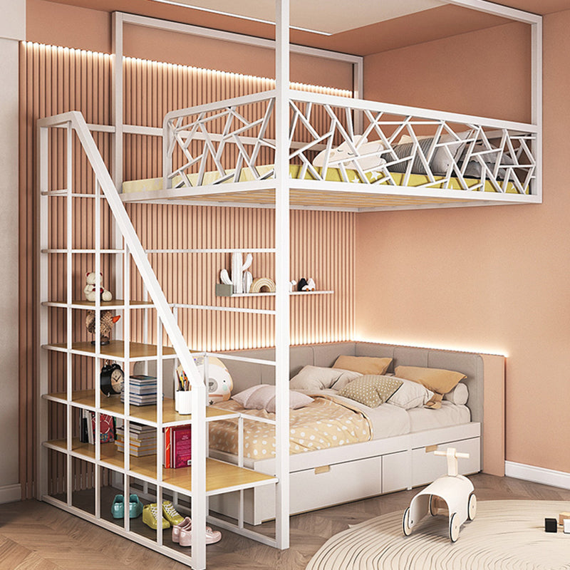 Contemporary Iron Frame Loft Bed with Guardrail in Black/White