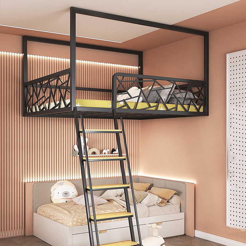 Contemporary Iron Frame Loft Bed with Guardrail in Black/White