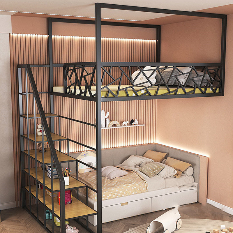 Contemporary Iron Frame Loft Bed with Guardrail in Black/White