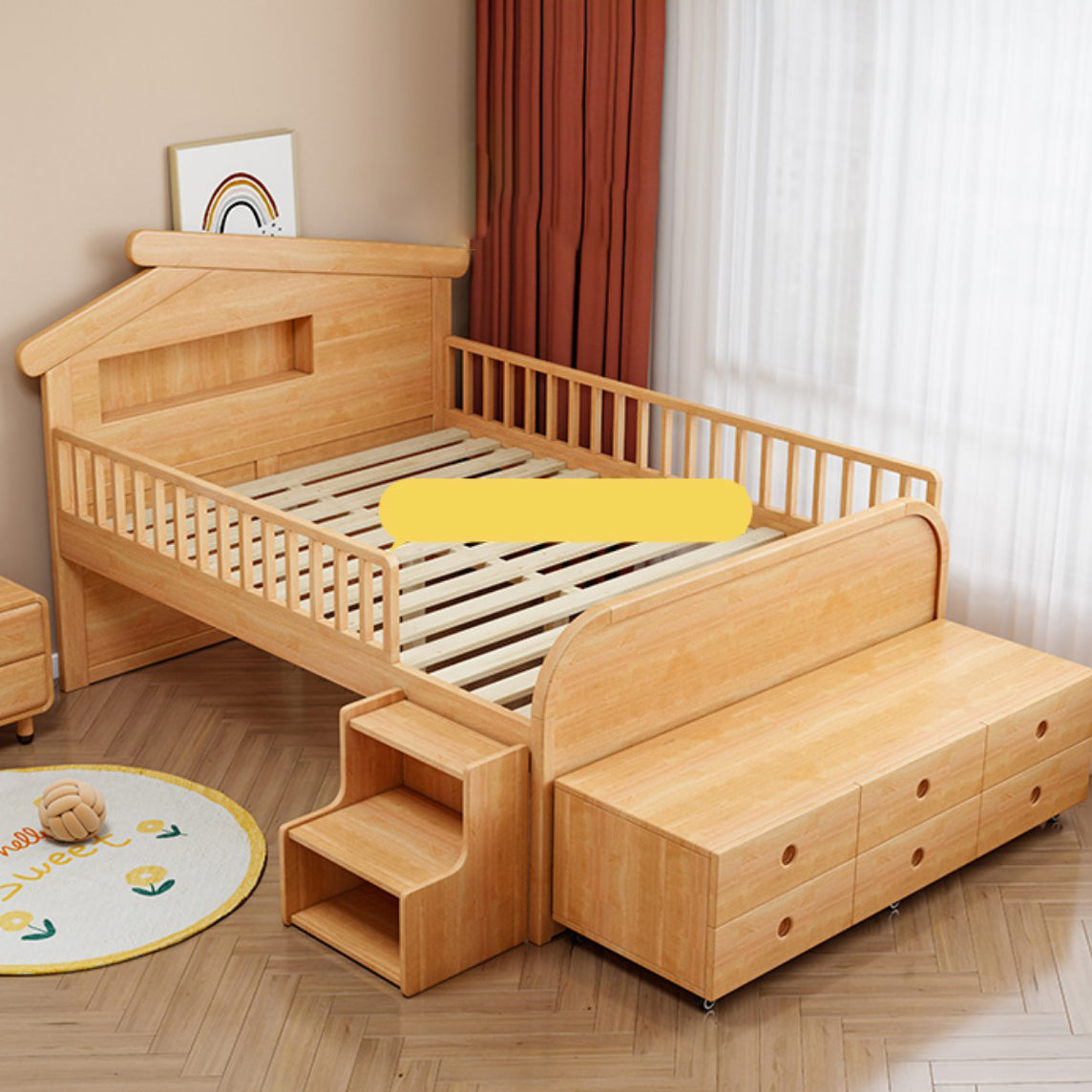 Light Brone Contemporary Nursery Bed with Guardrails in Solid Wood