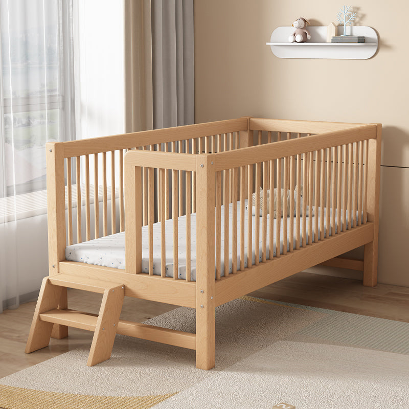 Modern Farmhouse Nursery Crib Adjustable Height Wood Crib in Natural for Bedroom