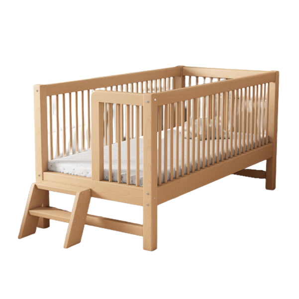 Modern Farmhouse Nursery Crib Adjustable Height Wood Crib in Natural for Bedroom