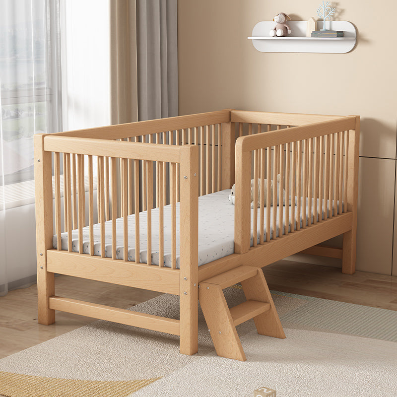 Modern Farmhouse Nursery Crib Adjustable Height Wood Crib in Natural for Bedroom